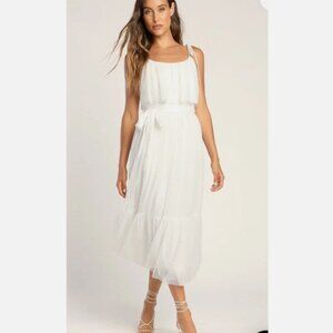 Lulus Best Flirt Forward White Shiny Tie Mesh Lace Midi Dress Size S NWOT